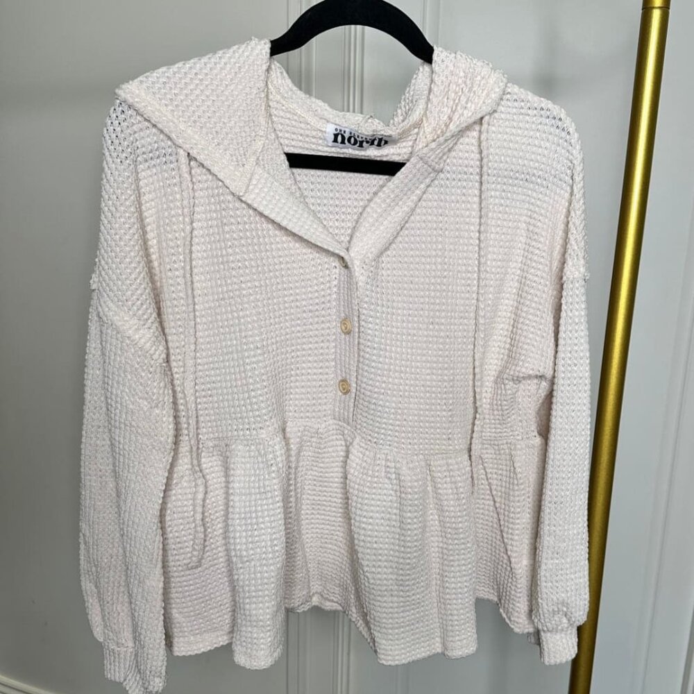 Beige Waffle Knit Babydoll Peplum Henley Hoodie